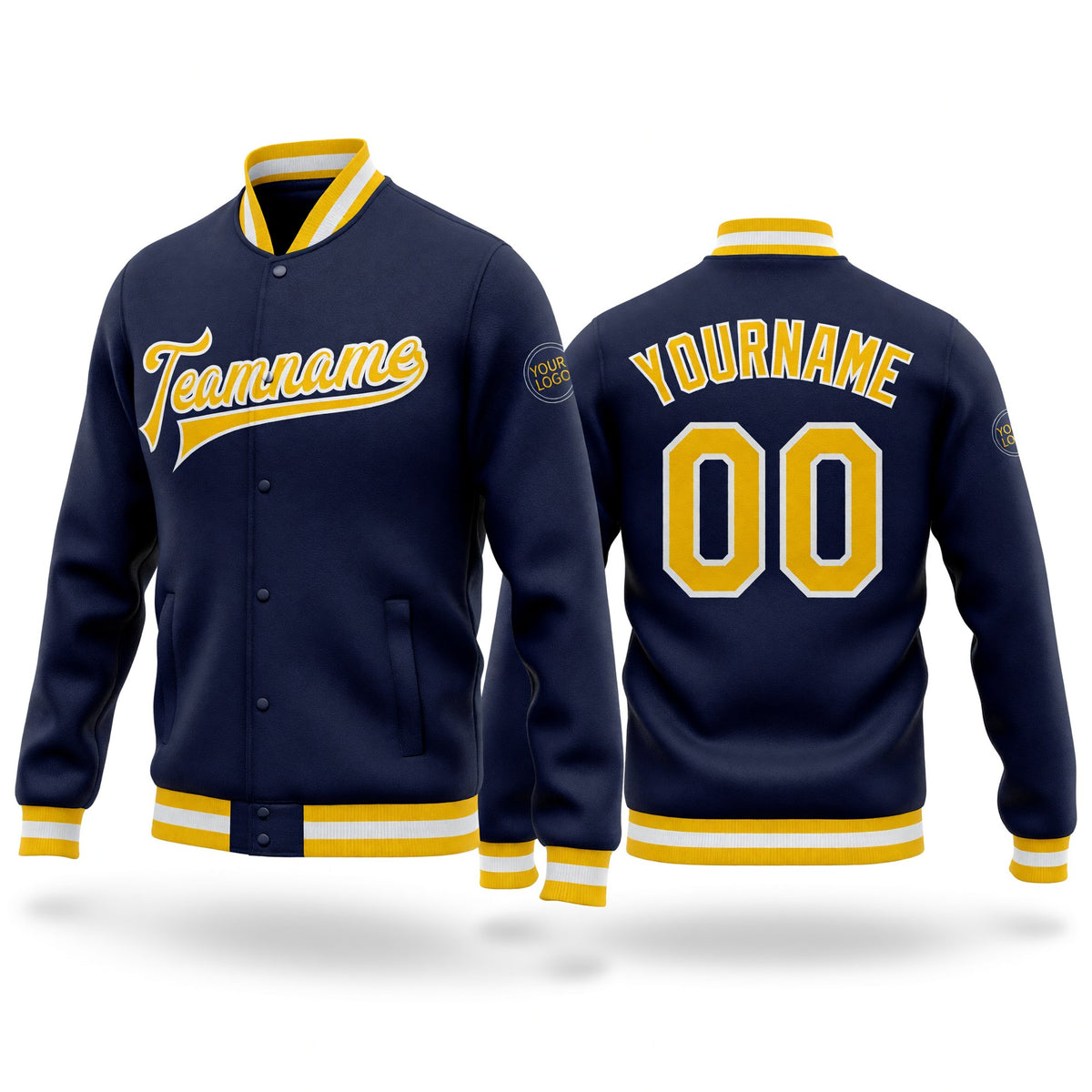 Custom Navy Gold-White Bomber Full-Snap Varsity Letterman Jacket