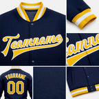 Custom Navy Gold-White Bomber Full-Snap Varsity Letterman Jacket detail