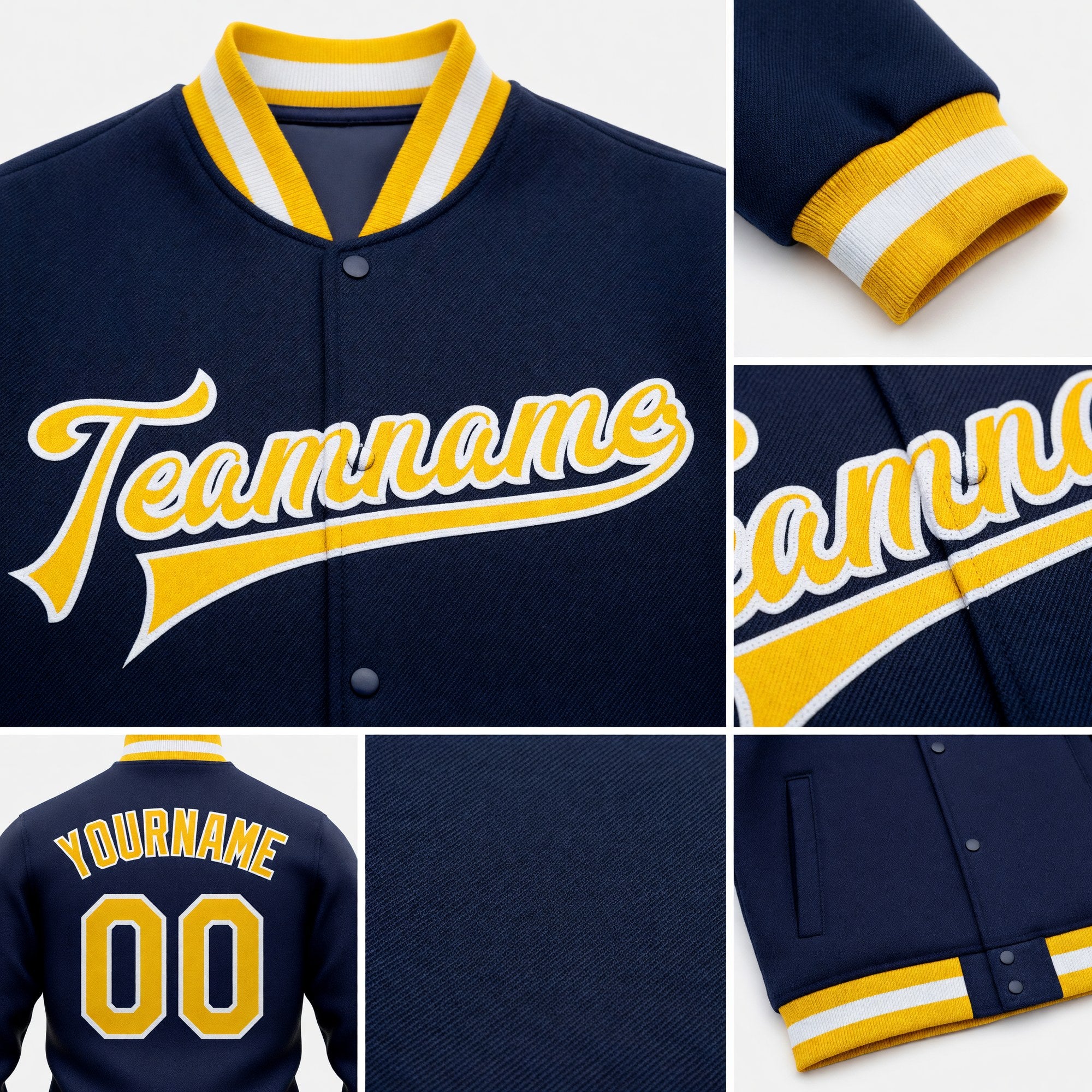 Custom Navy Gold-White Bomber Full-Snap Varsity Letterman Jacket detail