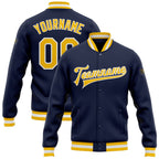 Custom Navy Gold-White Bomber Full-Snap Varsity Letterman Jacket photo 1