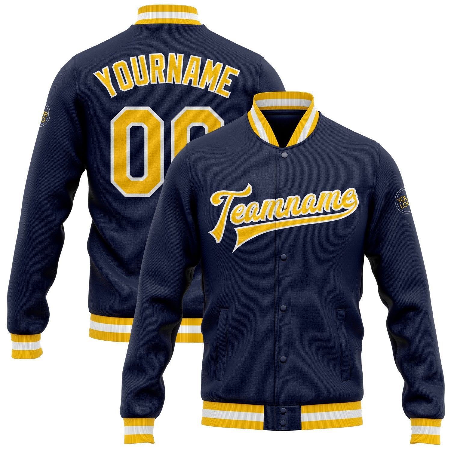 Custom Navy Gold-White Bomber Full-Snap Varsity Letterman Jacket photo 1