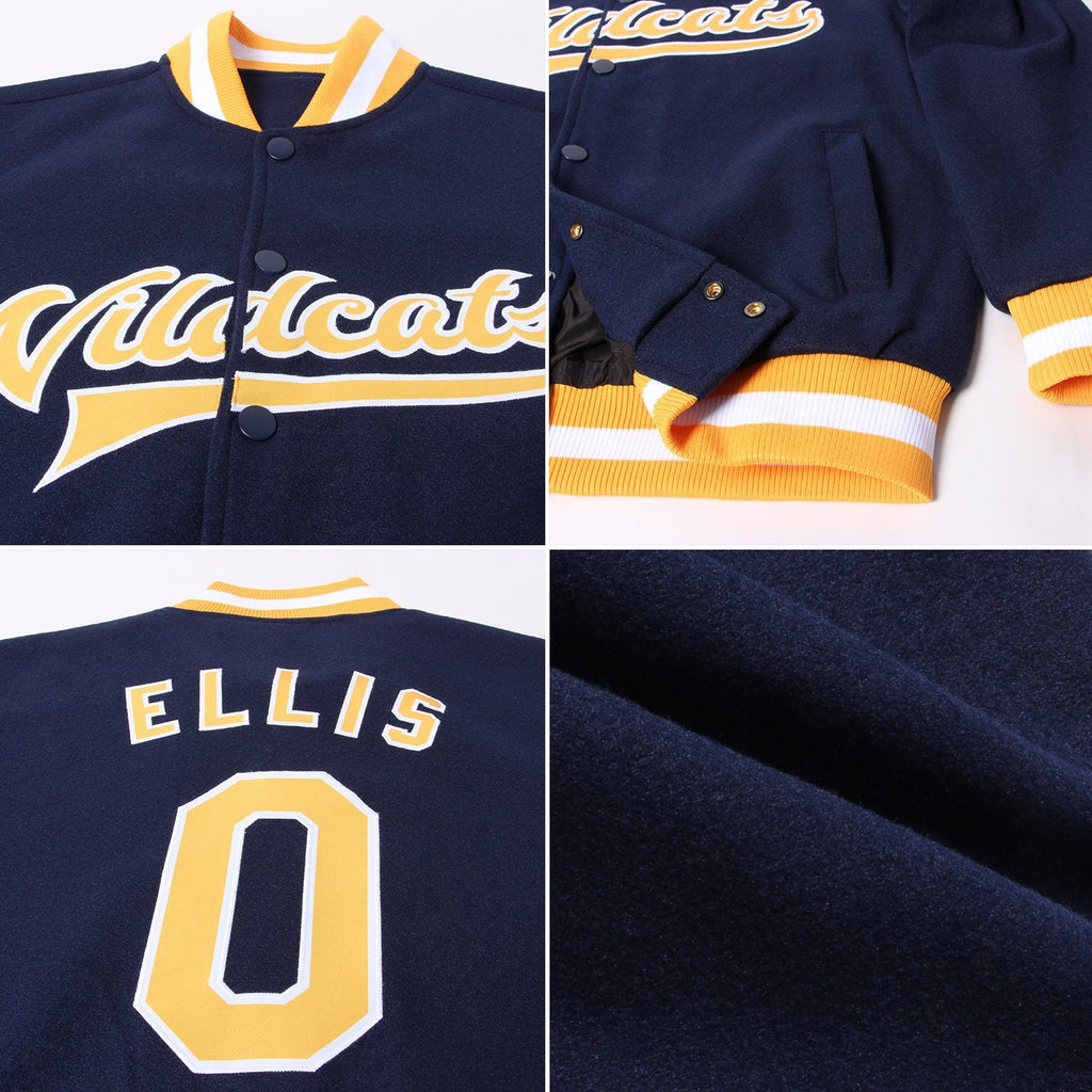 Custom Navy Gold-White Bomber Full-Snap Varsity Letterman Jacket photo 4