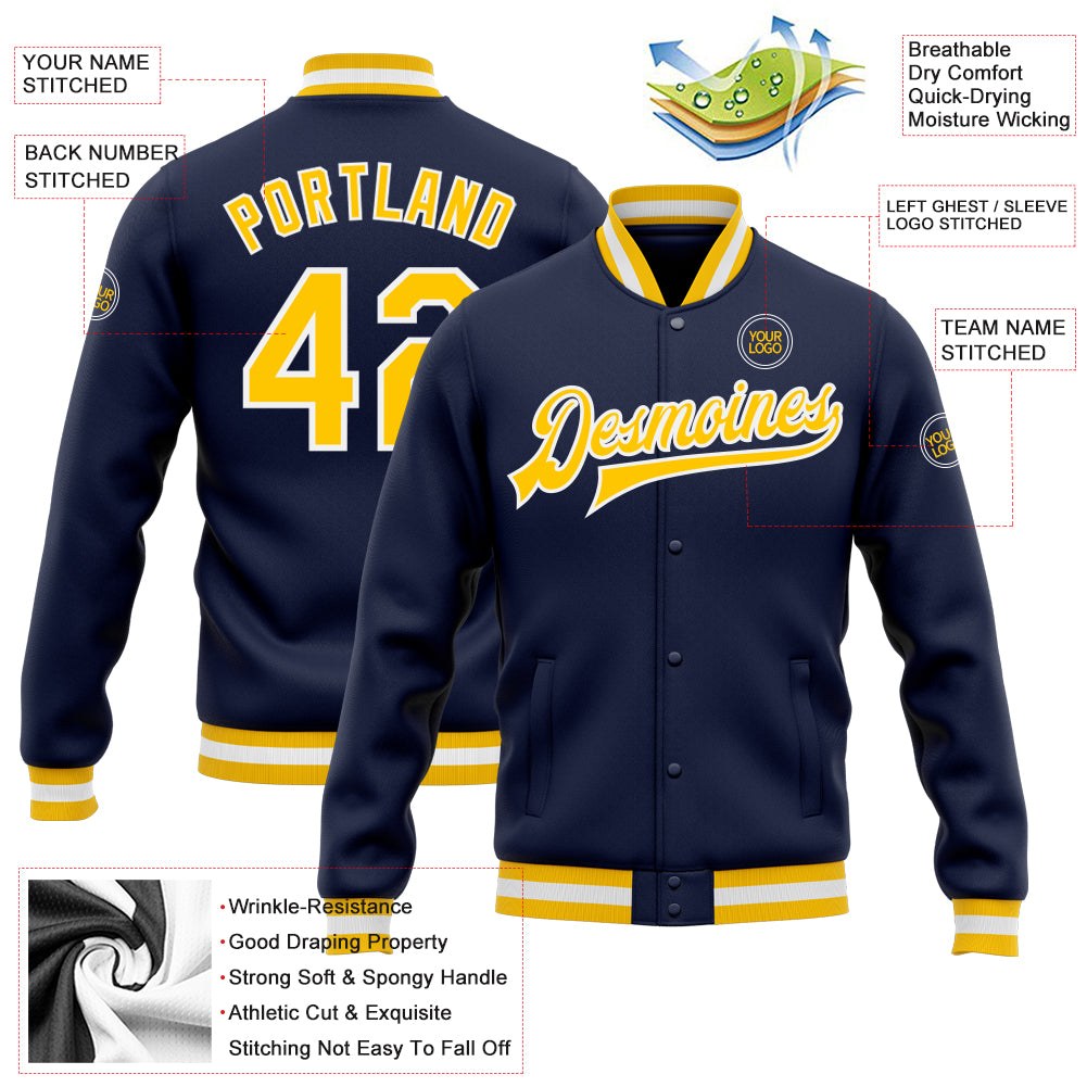 Custom Navy Gold-White Bomber Full-Snap Varsity Letterman Jacket photo 5