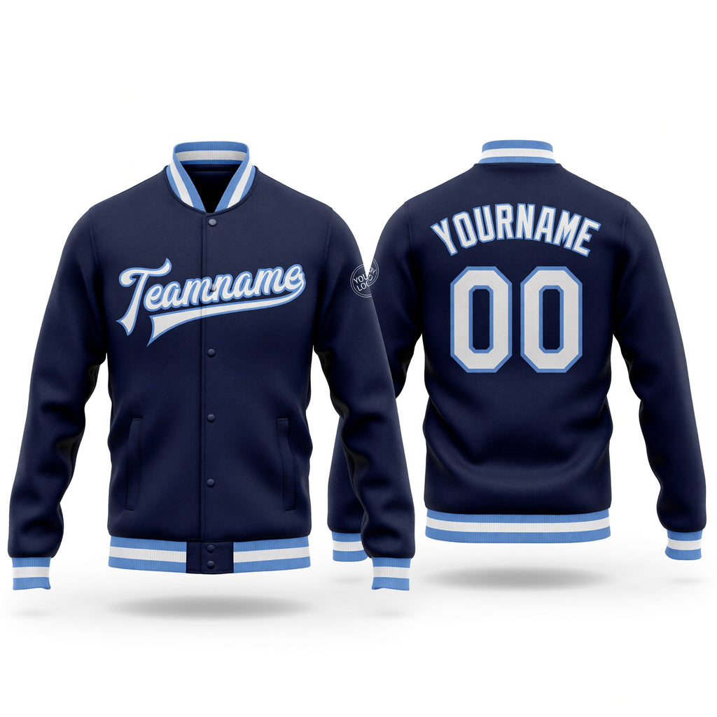 Custom Navy White-Light Blue Bomber Full-Snap Varsity Letterman Jacket
