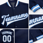Custom Navy White-Light Blue Bomber Full-Snap Varsity Letterman Jacket detail
