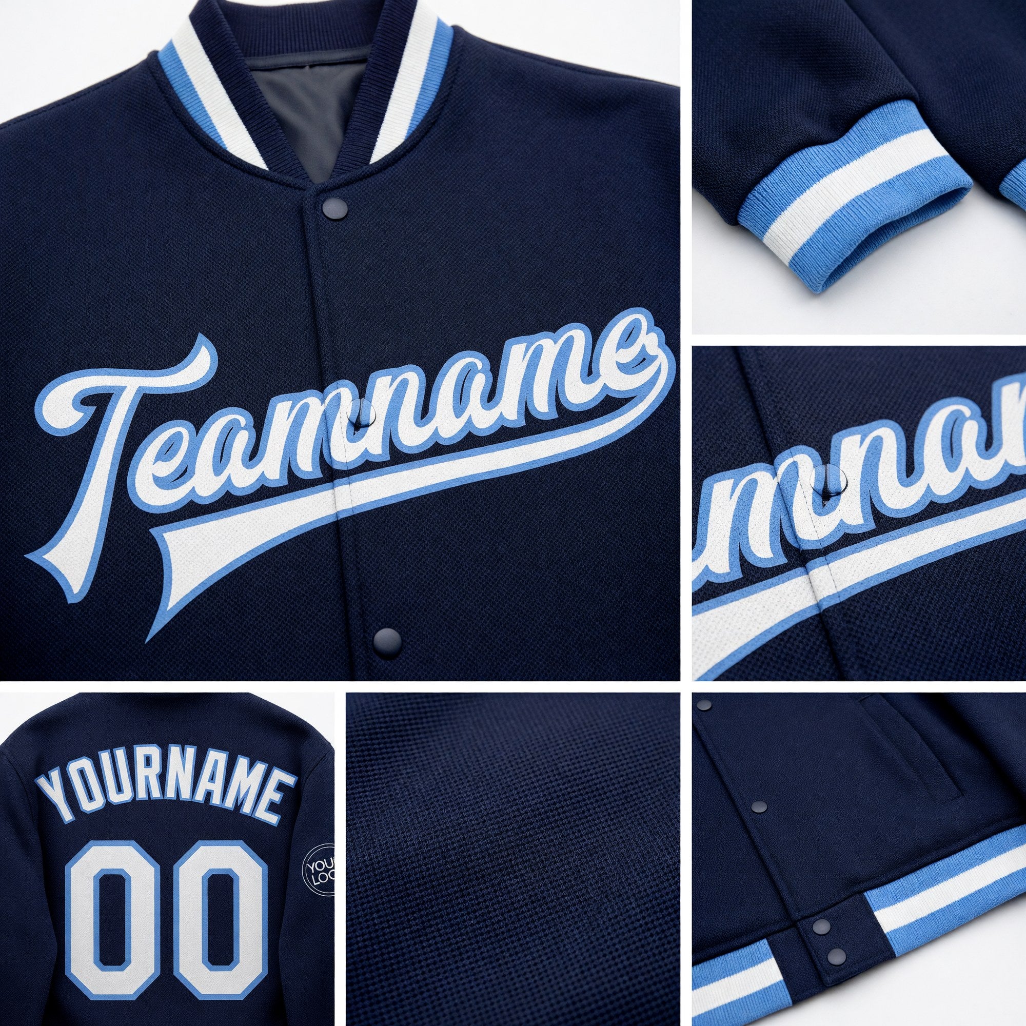 Custom Navy White-Light Blue Bomber Full-Snap Varsity Letterman Jacket detail