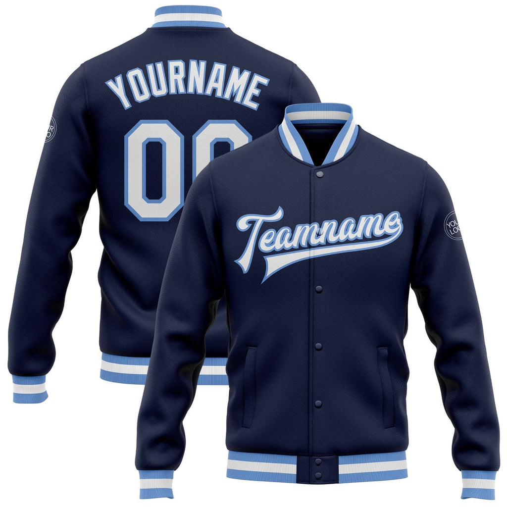 Custom Navy White-Light Blue Bomber Full-Snap Varsity Letterman Jacket photo 1