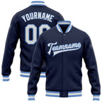 Custom Navy White-Light Blue Bomber Full-Snap Varsity Letterman Jacket photo 1