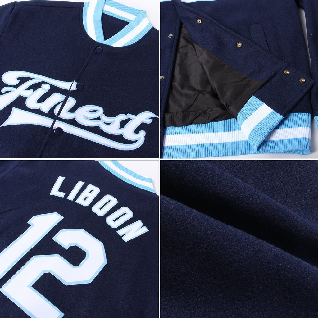 Custom Navy White-Light Blue Bomber Full-Snap Varsity Letterman Jacket photo 4