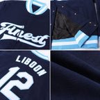 Custom Navy White-Light Blue Bomber Full-Snap Varsity Letterman Jacket photo 4