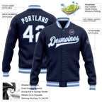 Custom Navy White-Light Blue Bomber Full-Snap Varsity Letterman Jacket photo 5