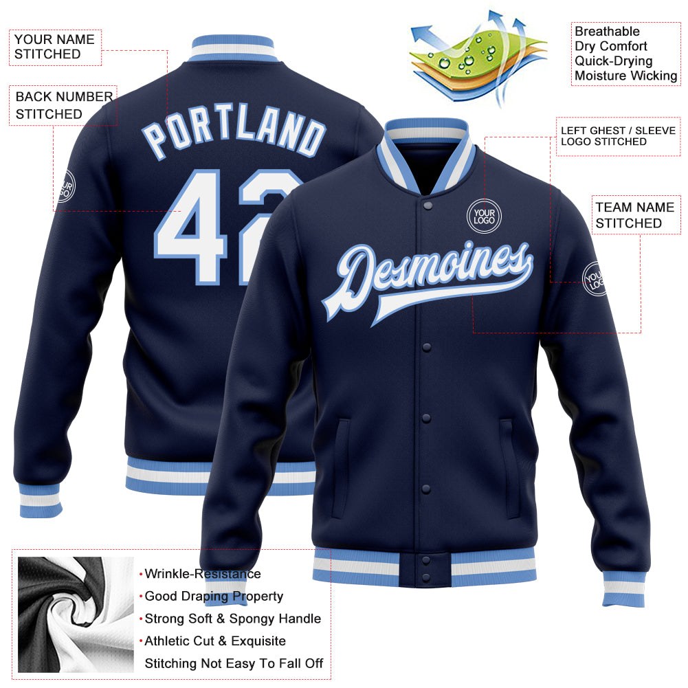 Custom Navy White-Light Blue Bomber Full-Snap Varsity Letterman Jacket photo 5