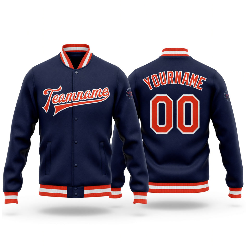 Custom Navy Orange-White Bomber Full-Snap Varsity Letterman Jacket