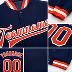 Custom Navy Orange-White Bomber Full-Snap Varsity Letterman Jacket detail