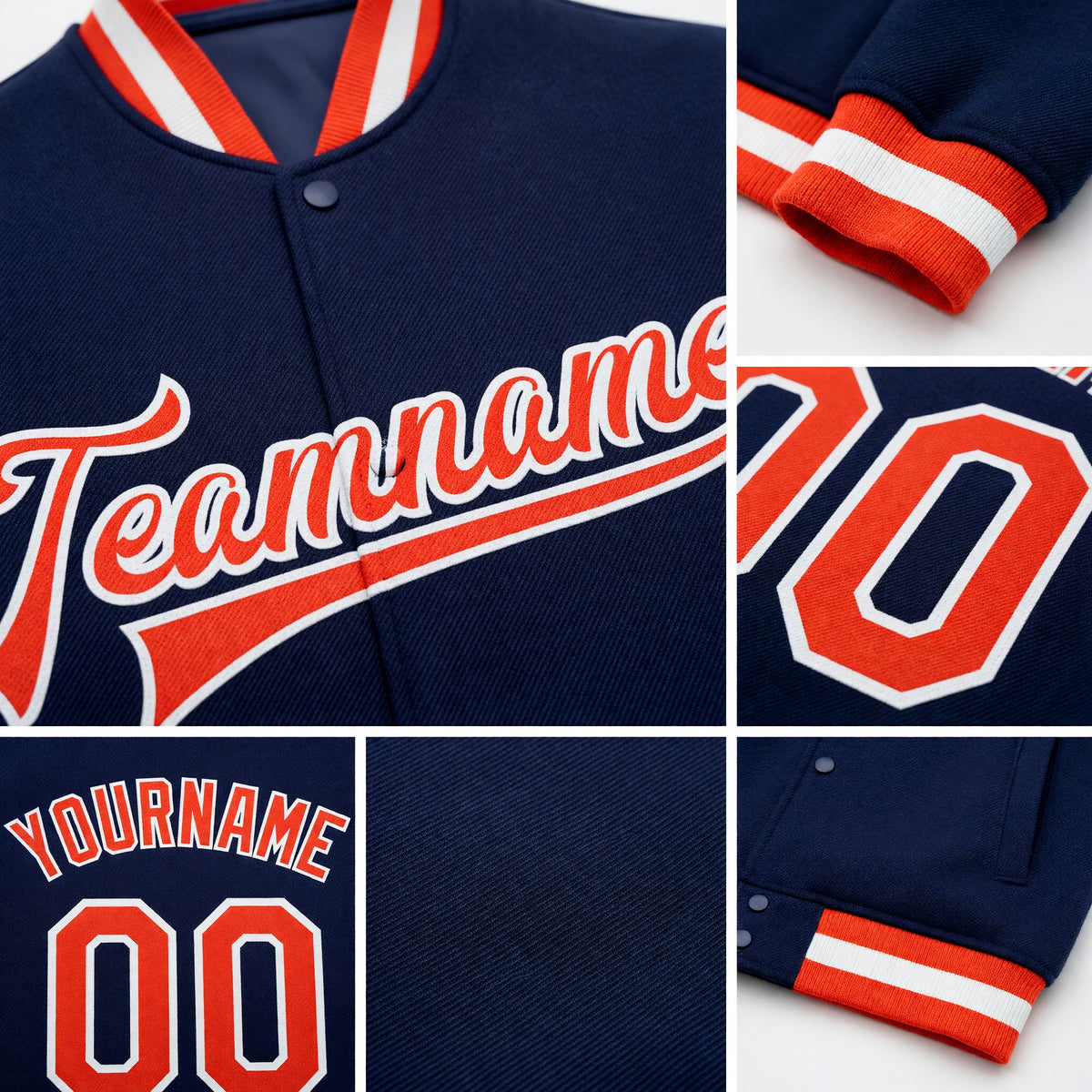 Custom Navy Orange-White Bomber Full-Snap Varsity Letterman Jacket detail