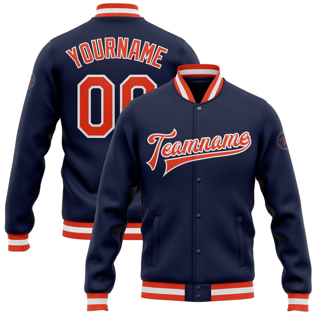 Custom Navy Orange-White Bomber Full-Snap Varsity Letterman Jacket photo 1