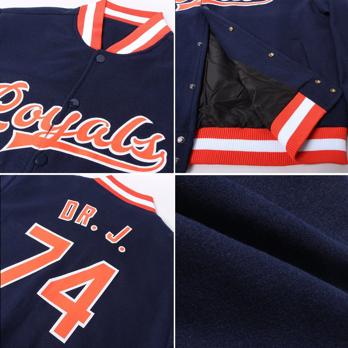 Custom Navy Orange-White Bomber Full-Snap Varsity Letterman Jacket photo 4