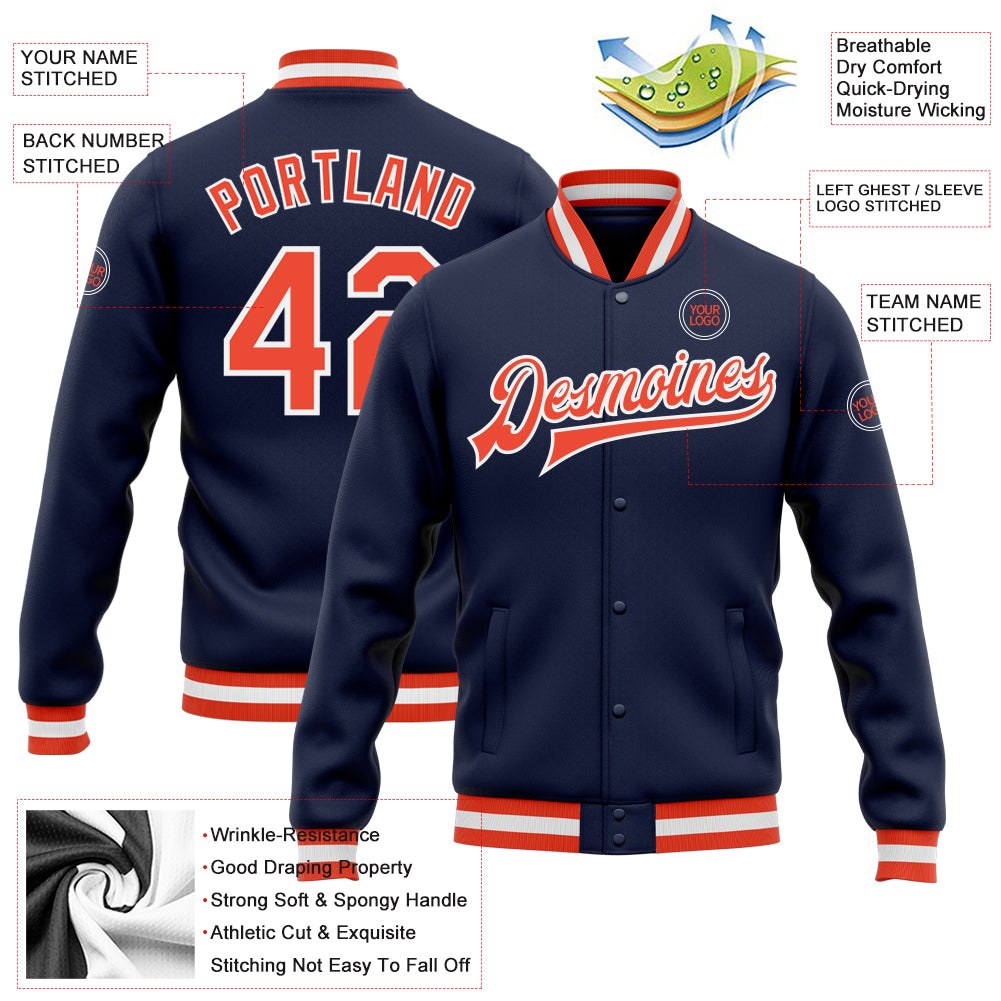 Custom Navy Orange-White Bomber Full-Snap Varsity Letterman Jacket photo 5