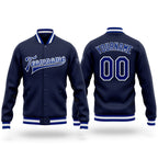 Custom Navy Royal-White Bomber Full-Snap Varsity Letterman Jacket