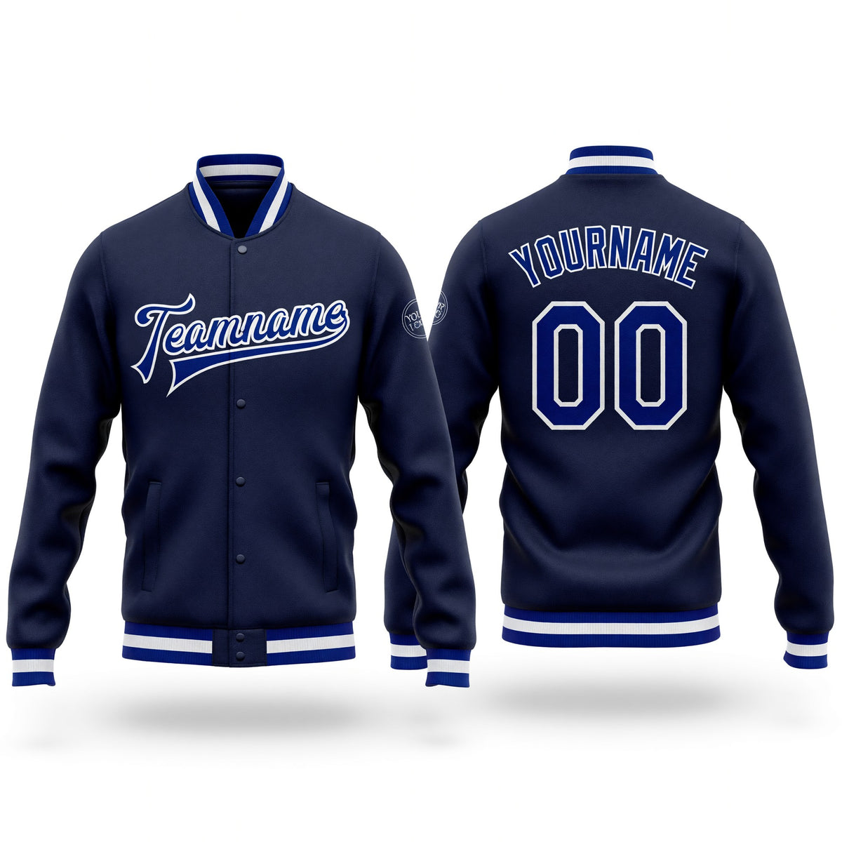Custom Navy Royal-White Bomber Full-Snap Varsity Letterman Jacket
