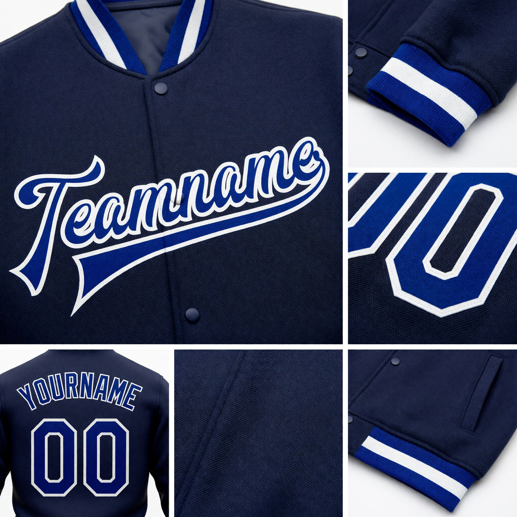 Custom Navy Royal-White Bomber Full-Snap Varsity Letterman Jacket detail