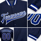 Custom Navy Royal-White Bomber Full-Snap Varsity Letterman Jacket detail