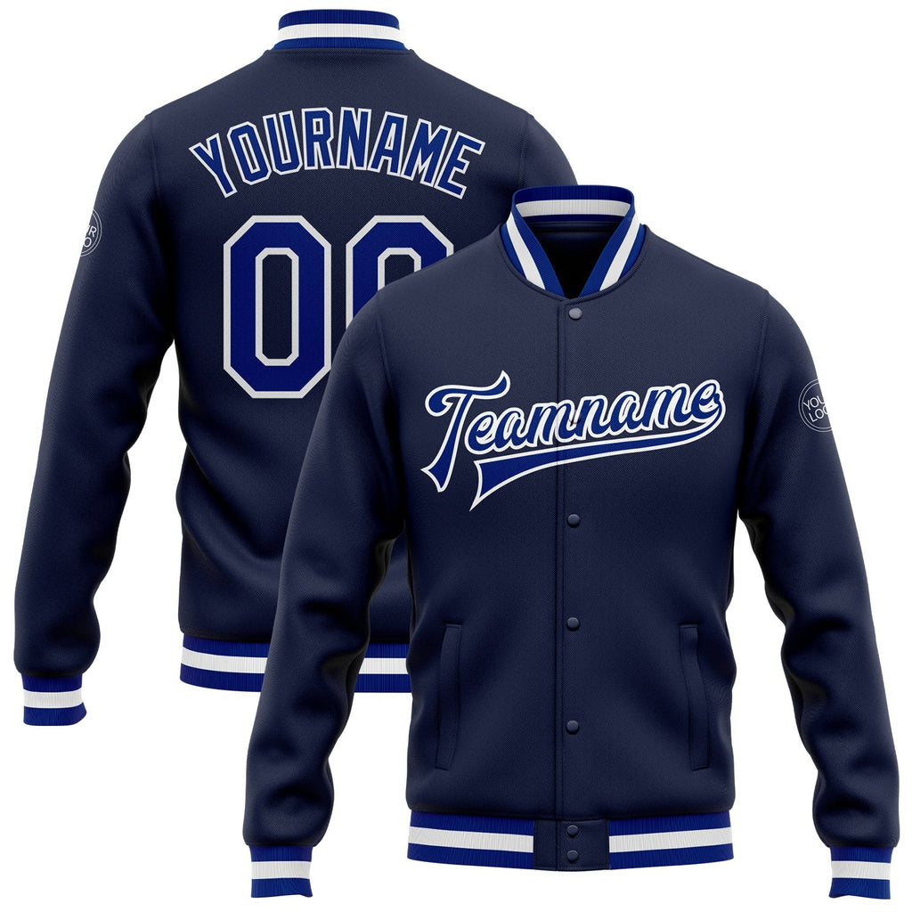 Custom Navy Royal-White Bomber Full-Snap Varsity Letterman Jacket photo 1