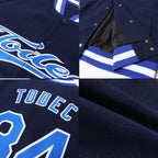 Custom Navy Royal-White Bomber Full-Snap Varsity Letterman Jacket photo 4