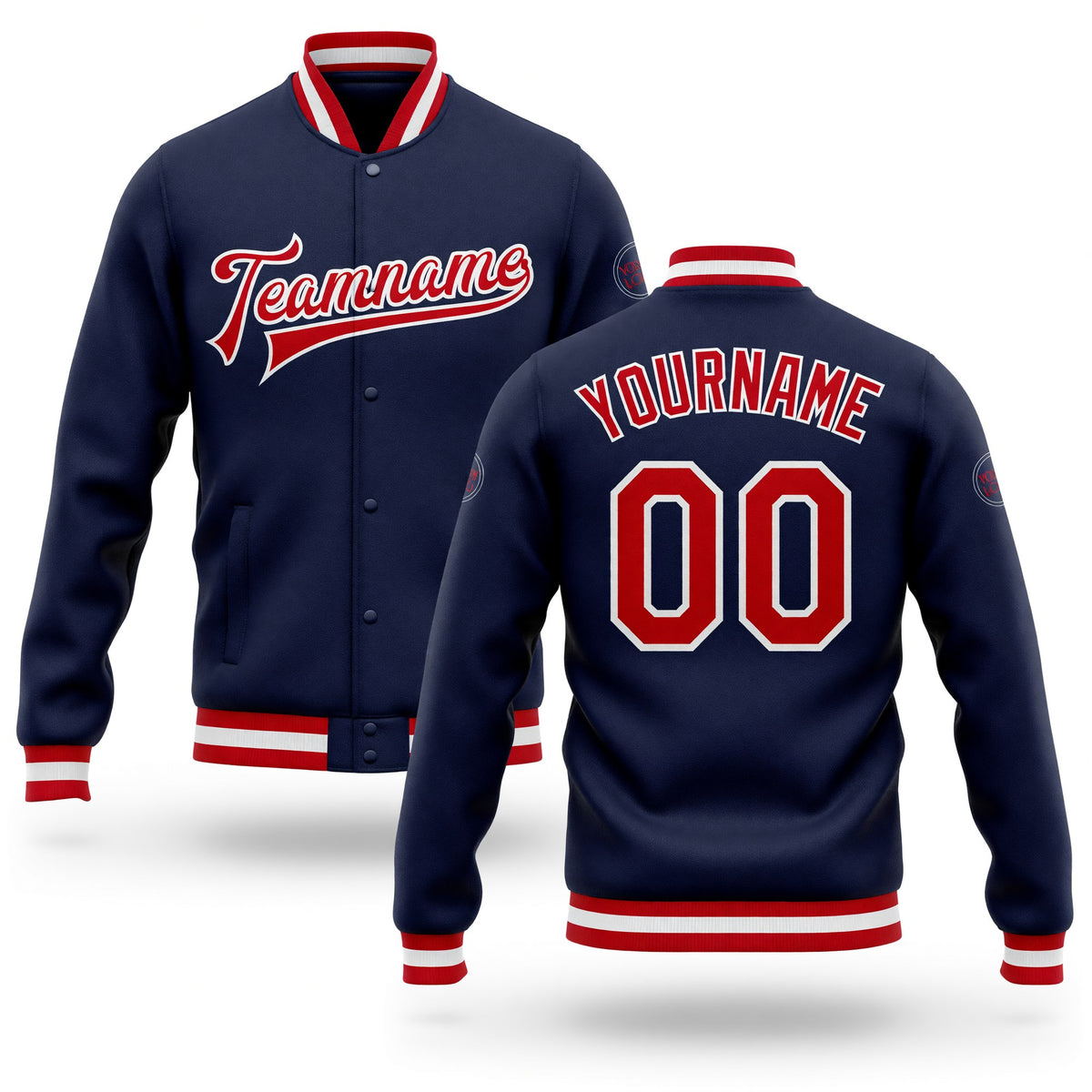 Custom Navy Red-White Bomber Full-Snap Varsity Letterman Jacket