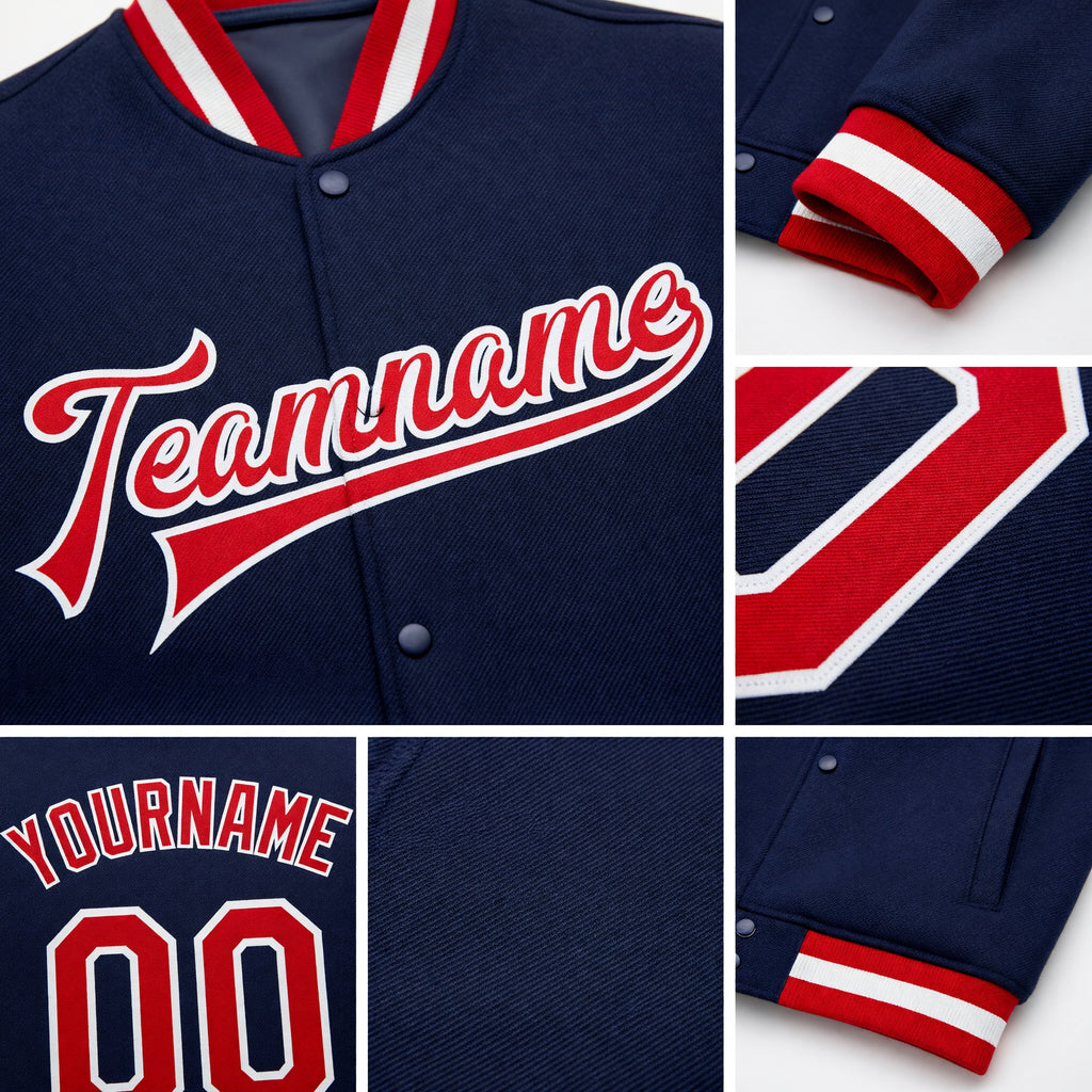 Custom Navy Red-White Bomber Full-Snap Varsity Letterman Jacket detail