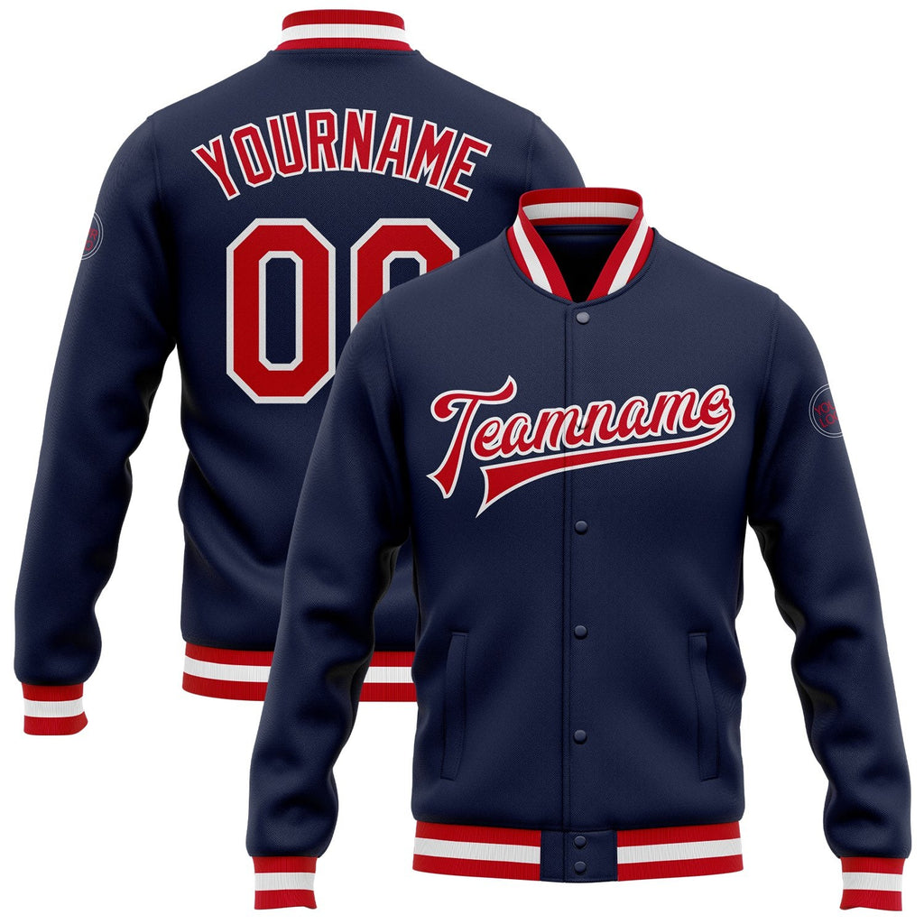 Custom Navy Red-White Bomber Full-Snap Varsity Letterman Jacket photo 1