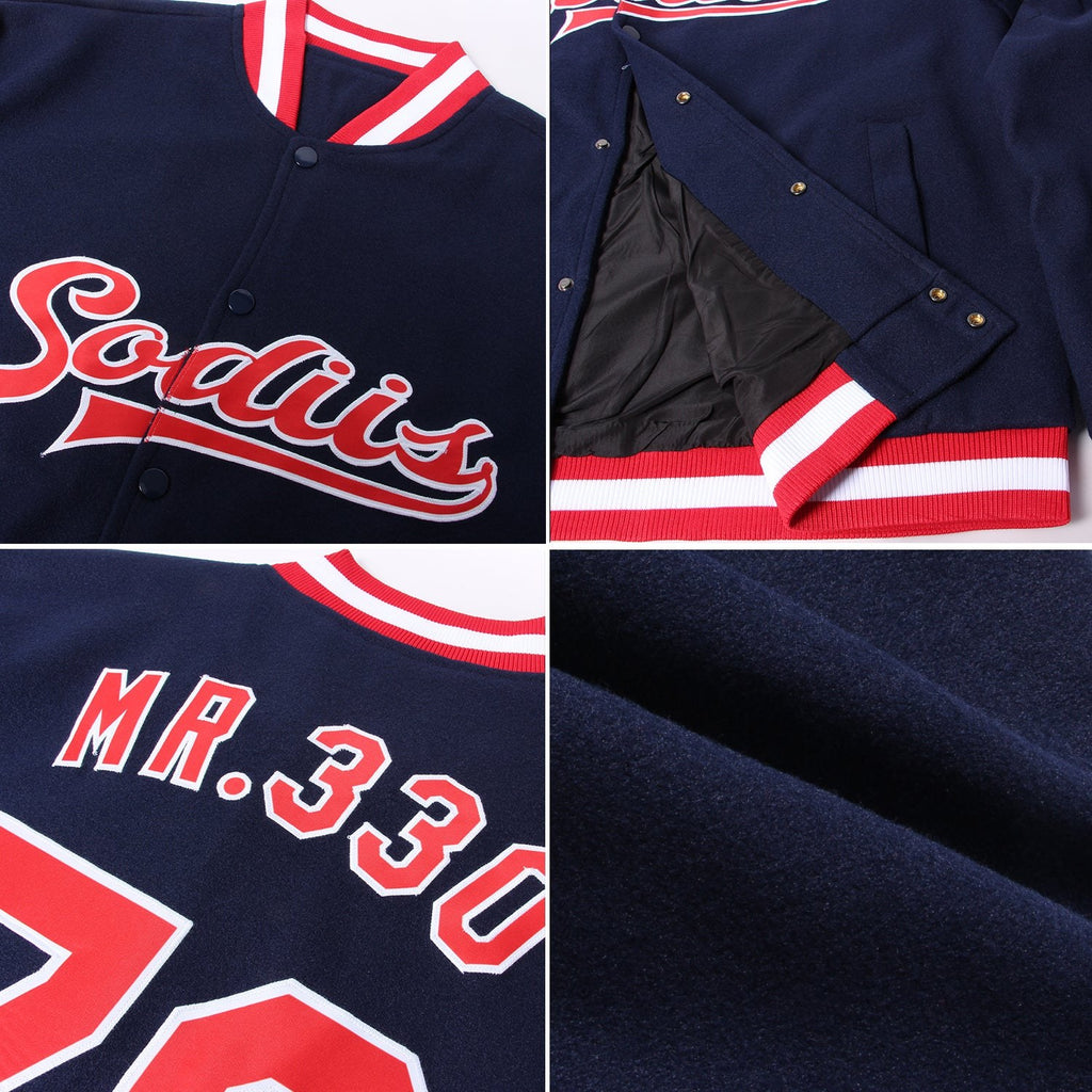 Custom Navy Red-White Bomber Full-Snap Varsity Letterman Jacket photo 4