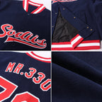 Custom Navy Red-White Bomber Full-Snap Varsity Letterman Jacket photo 4