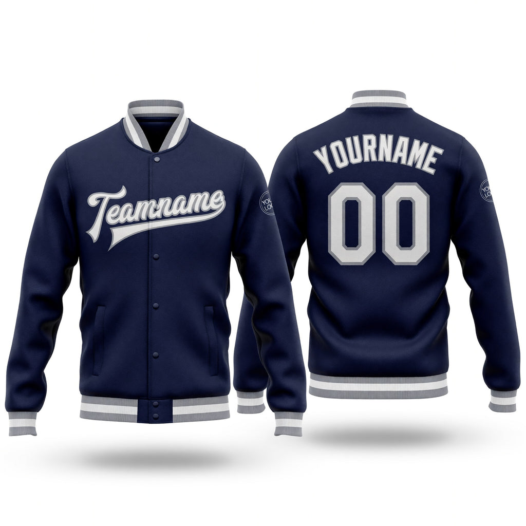 Custom Navy White-Gray Bomber Full-Snap Varsity Letterman Jacket