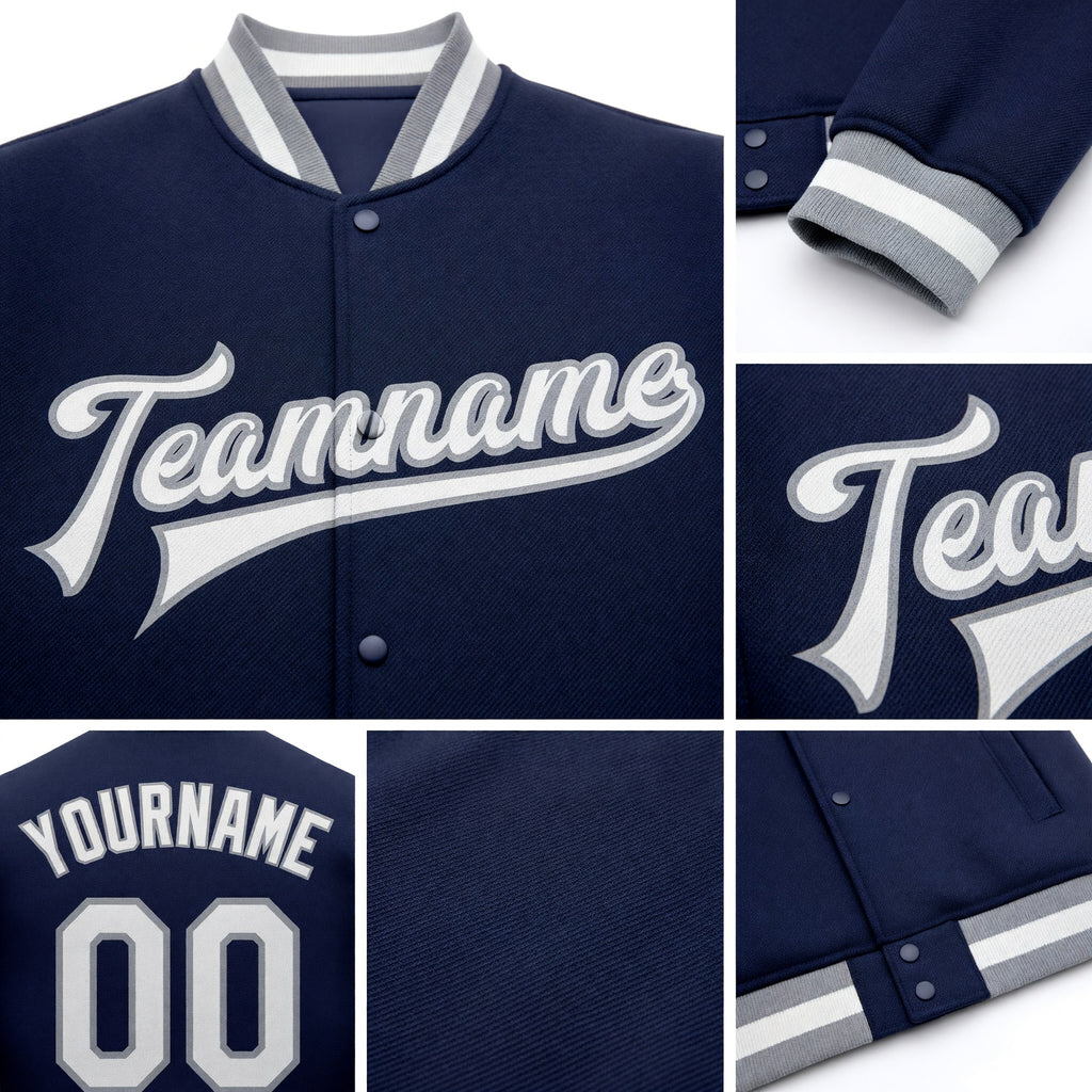 Custom Navy White-Gray Bomber Full-Snap Varsity Letterman Jacket detail