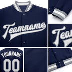 Custom Navy White-Gray Bomber Full-Snap Varsity Letterman Jacket detail