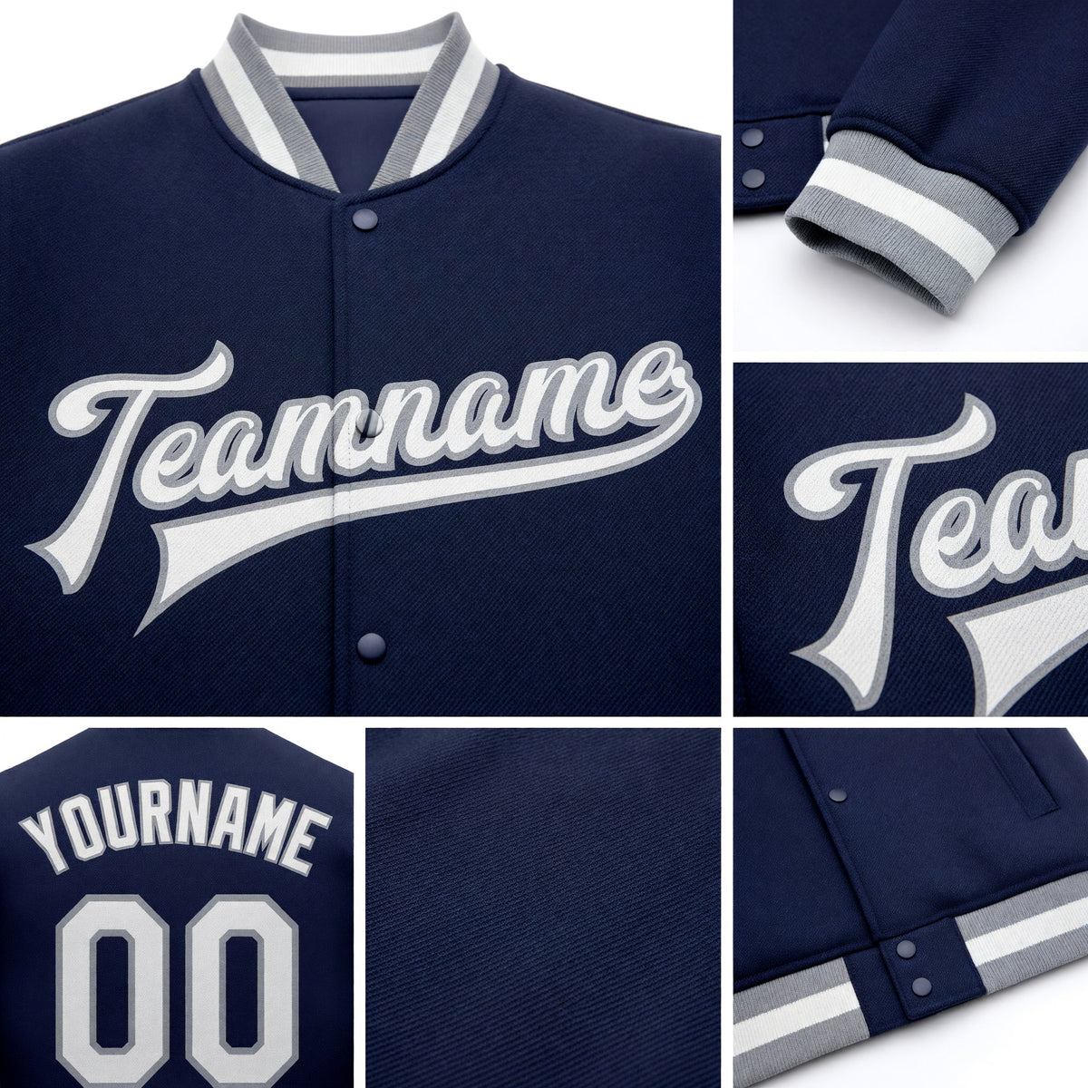 Custom Navy White-Gray Bomber Full-Snap Varsity Letterman Jacket detail