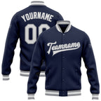 Custom Navy White-Gray Bomber Full-Snap Varsity Letterman Jacket photo 1