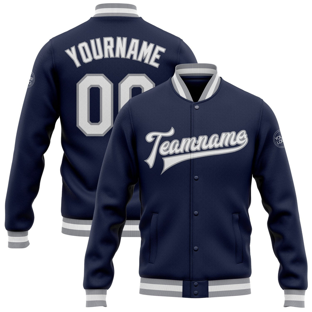Custom Navy White-Gray Bomber Full-Snap Varsity Letterman Jacket photo 1