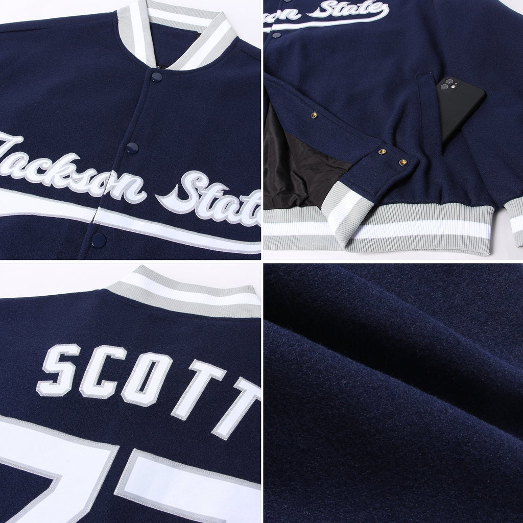 Custom Navy White-Gray Bomber Full-Snap Varsity Letterman Jacket photo 4