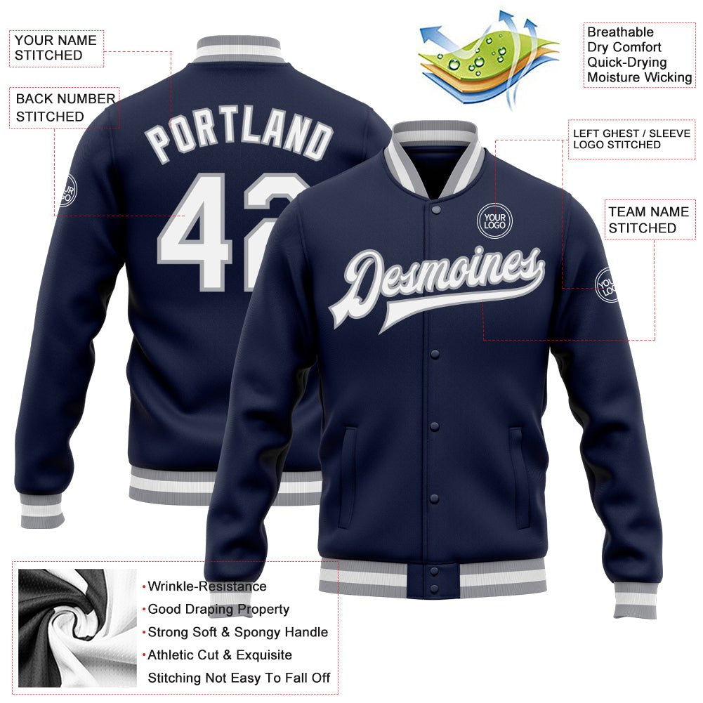Custom Navy White-Gray Bomber Full-Snap Varsity Letterman Jacket photo 5