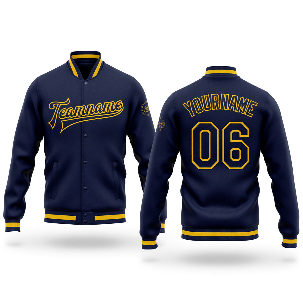 Custom Navy Navy-Gold Bomber Full-Snap Varsity Letterman Jacket