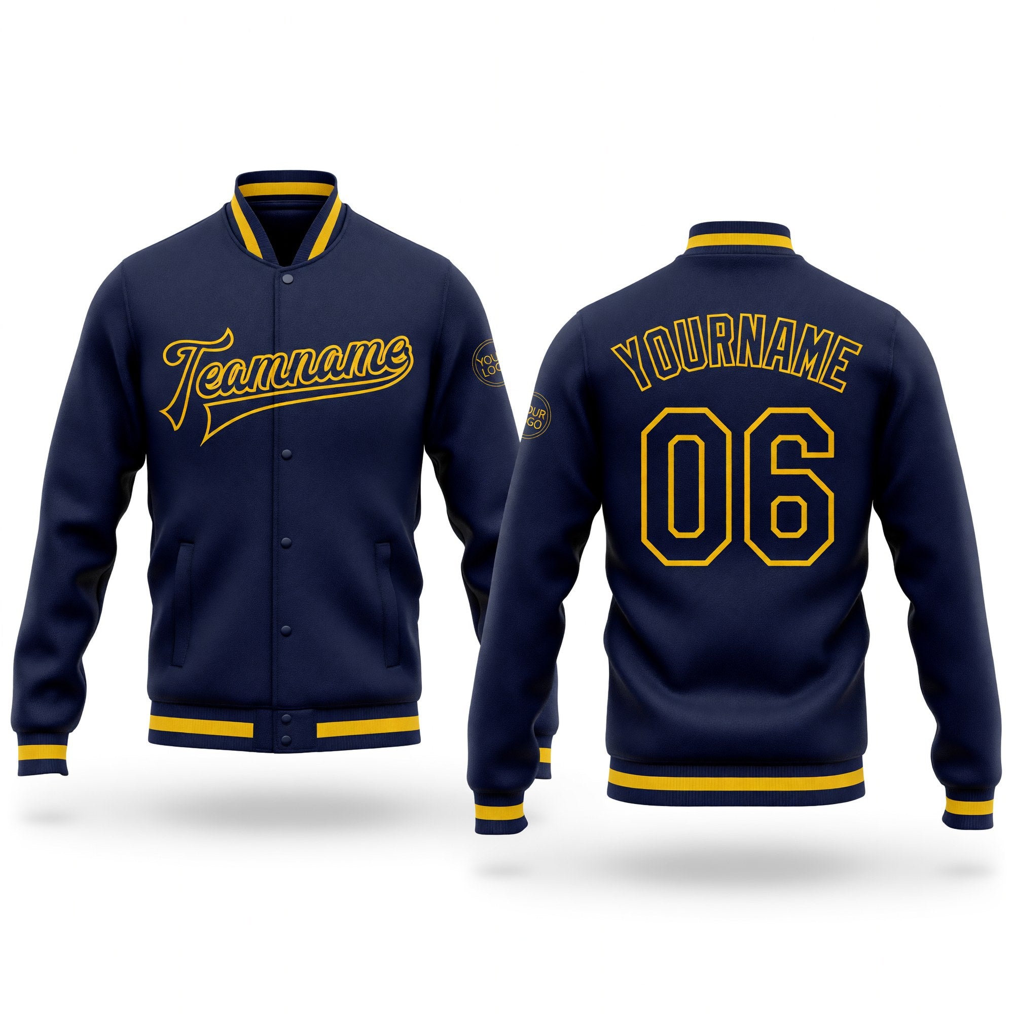 Custom Navy Navy-Gold Bomber Full-Snap Varsity Letterman Jacket
