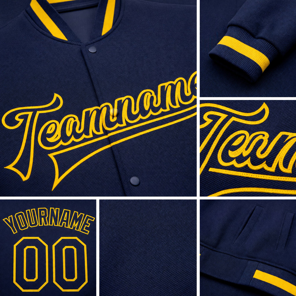 Custom Navy Navy-Gold Bomber Full-Snap Varsity Letterman Jacket detail