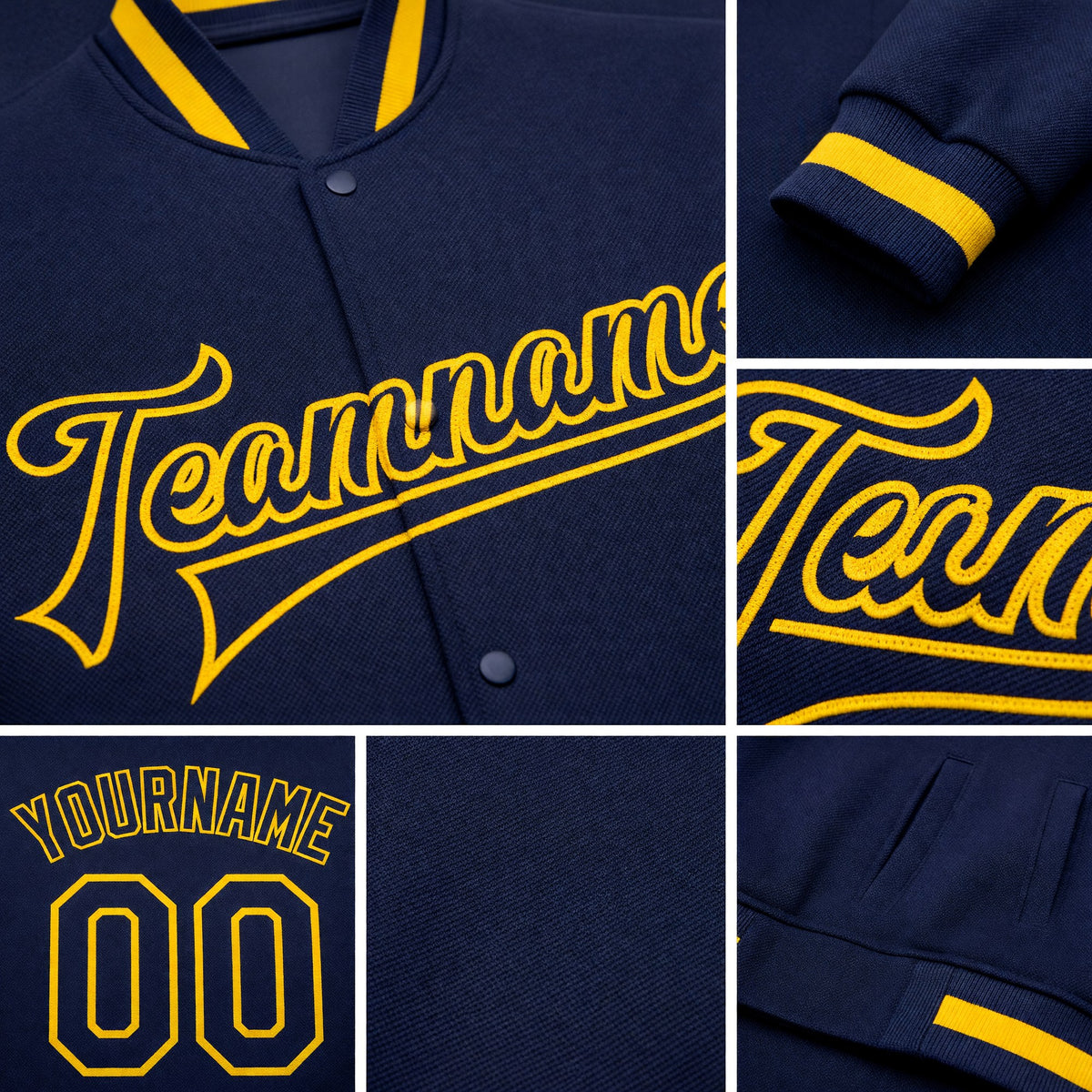Custom Navy Navy-Gold Bomber Full-Snap Varsity Letterman Jacket detail