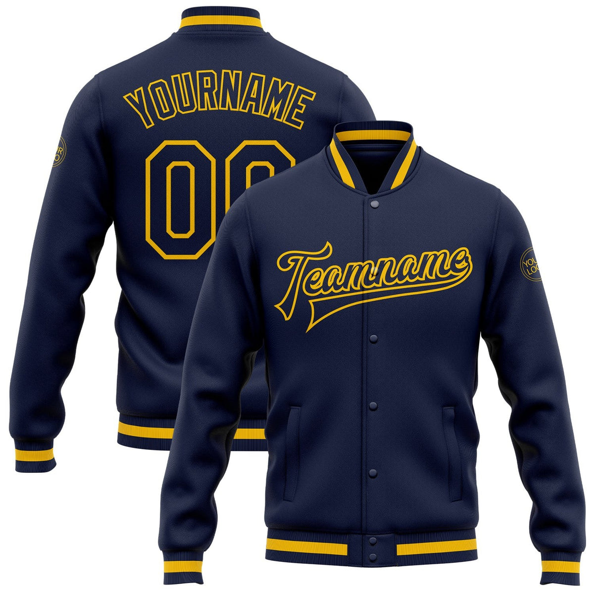 Custom Navy Navy-Gold Bomber Full-Snap Varsity Letterman Jacket photo 1