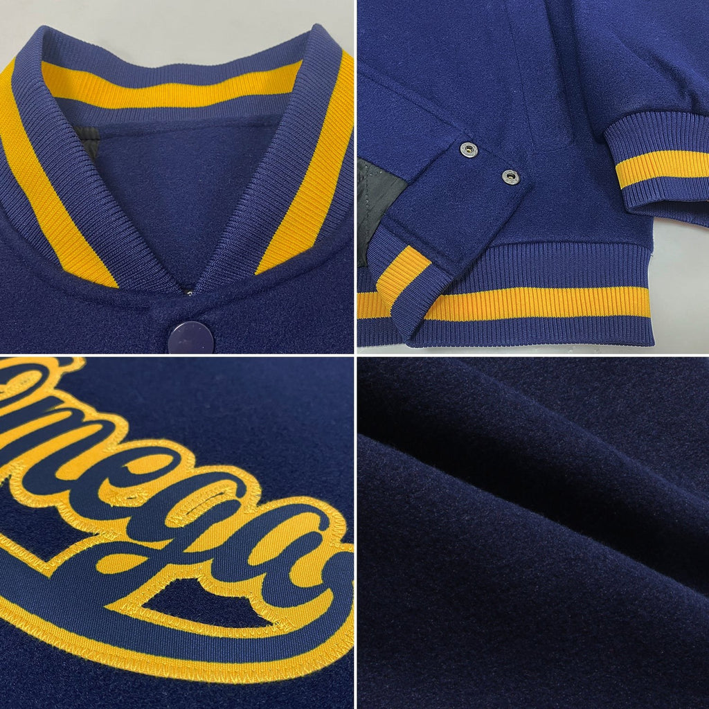 Custom Navy Navy-Gold Bomber Full-Snap Varsity Letterman Jacket photo 4
