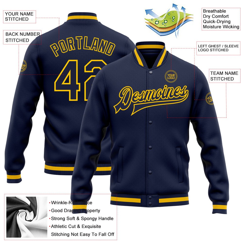 Custom Navy Navy-Gold Bomber Full-Snap Varsity Letterman Jacket photo 5