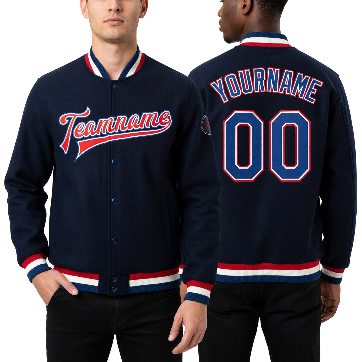 Custom Navy Royal-Red Bomber Full-Snap Varsity Letterman Jacket worn front and back
