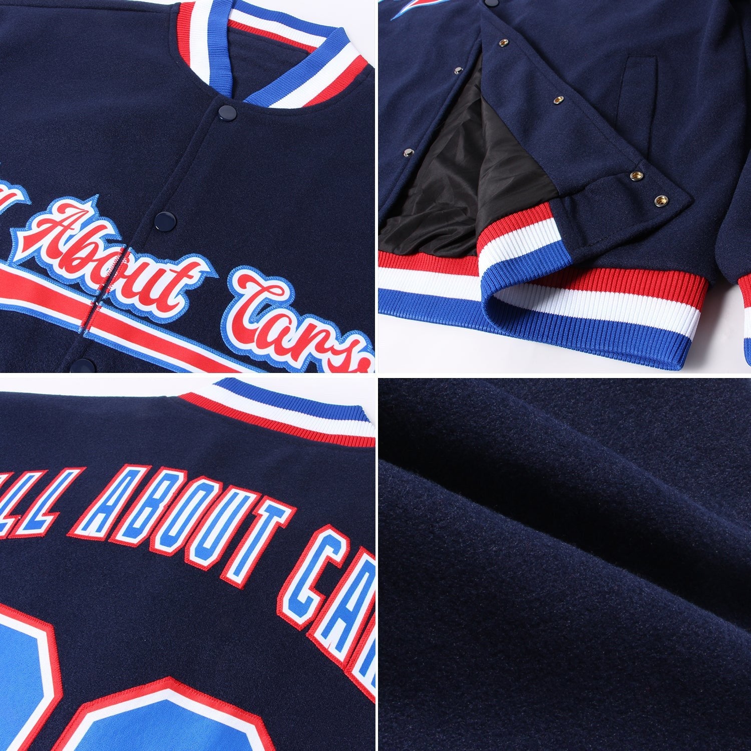 Custom Navy Royal-Red Bomber Full-Snap Varsity Letterman Jacket photo 4
